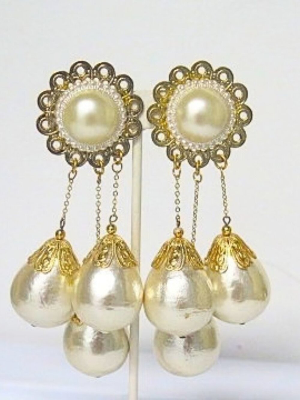 Extra Large Faux Pearl Chandelier Clip-On Earrings Gold Tone Statement